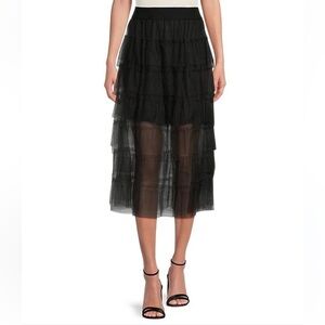 DKNY Skirt‎ Tiered Ruffle Tulle Midi Black XL